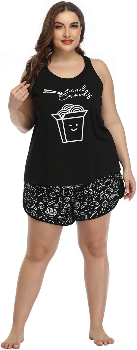 image:imageHDE Plus Size Pajamas for Women Two Piece PJ Shorts Summer Lounge SetSend Noods