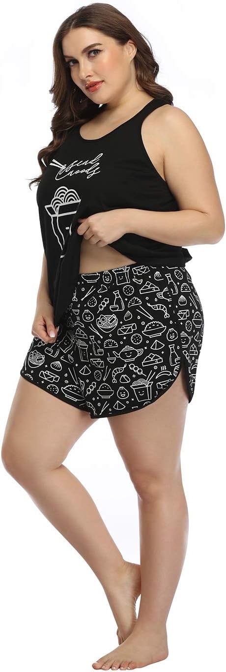 image:imageHDE Plus Size Pajamas for Women Two Piece PJ Shorts Summer Lounge SetSend Noods