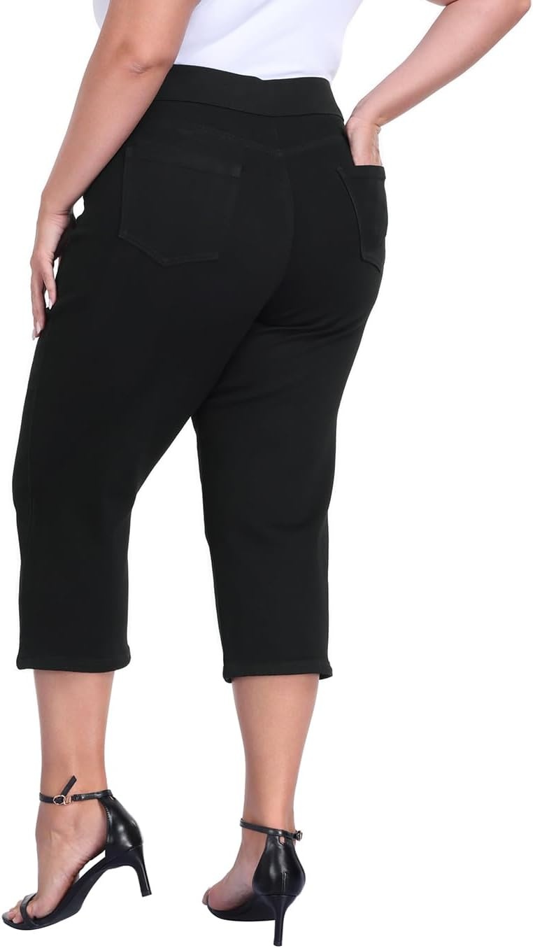 image:imageHDE Womens Plus Size Pull On Crop Capri Jeans Tummy Control 21 Inseam Elastic High Waist Stretch Denim Capris with PocketsBlack