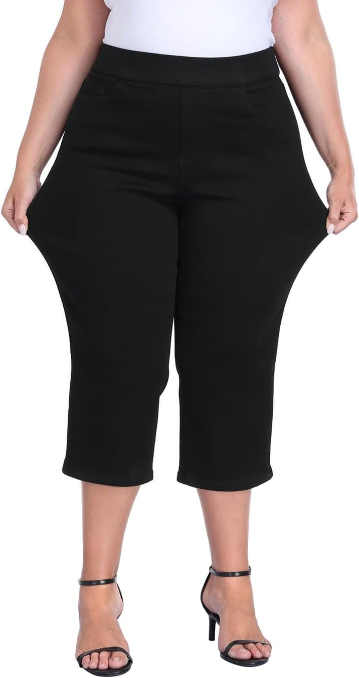image:imageHDE Womens Plus Size Pull On Crop Capri Jeans Tummy Control 21 Inseam Elastic High Waist Stretch Denim Capris with PocketsBlack