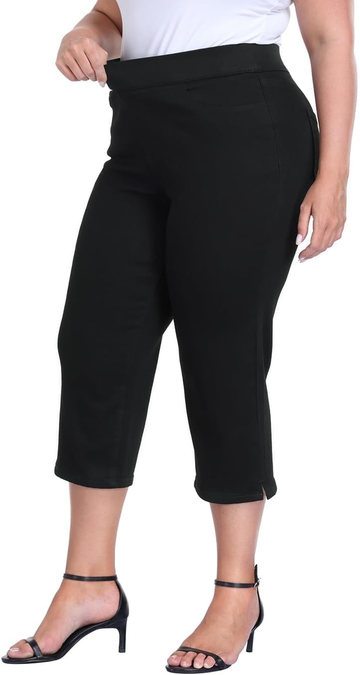 image:imageHDE Womens Plus Size Pull On Crop Capri Jeans Tummy Control 21 Inseam Elastic High Waist Stretch Denim Capris with PocketsBlack