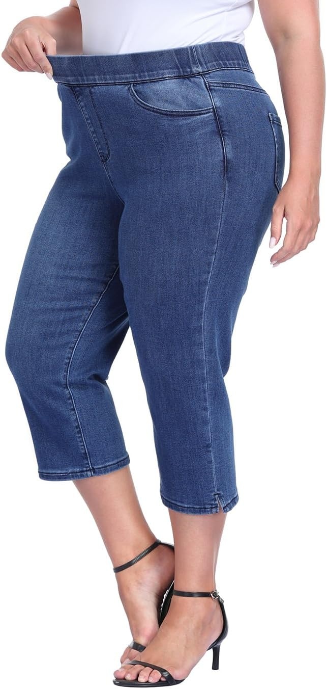 image:imageHDE Womens Plus Size Pull On Crop Capri Jeans Tummy Control 21 Inseam Elastic High Waist Stretch Denim Capris with PocketsBlue