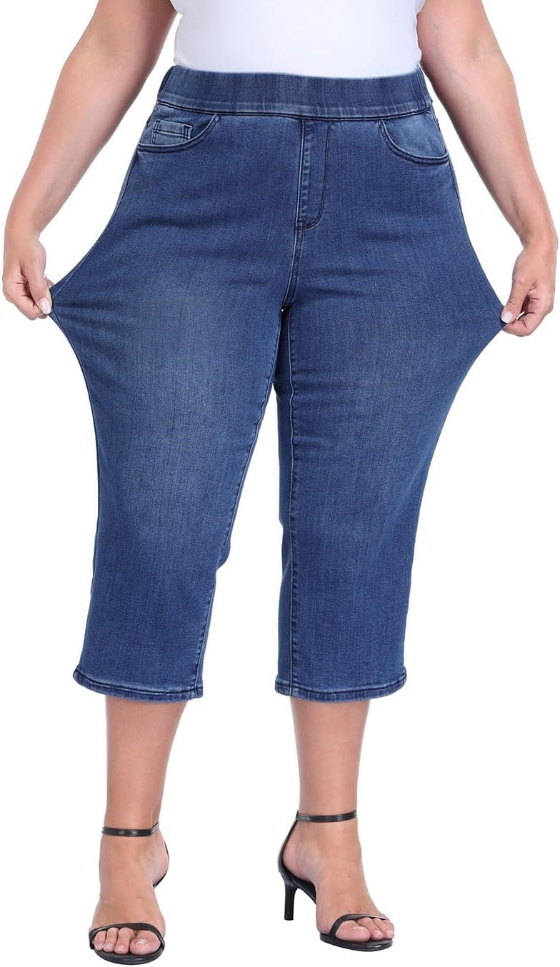 image:imageHDE Womens Plus Size Pull On Crop Capri Jeans Tummy Control 21 Inseam Elastic High Waist Stretch Denim Capris with PocketsBlue