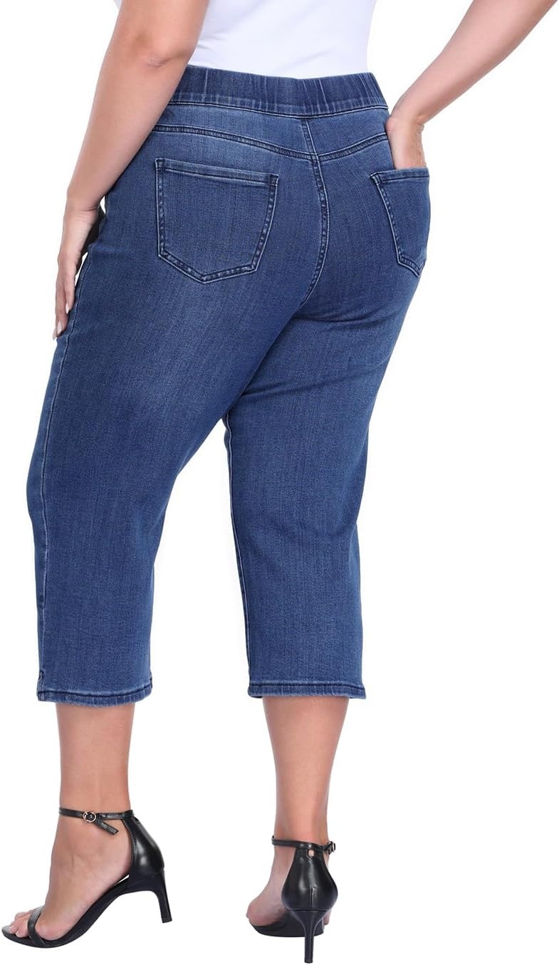image:imageHDE Womens Plus Size Pull On Crop Capri Jeans Tummy Control 21 Inseam Elastic High Waist Stretch Denim Capris with PocketsBlue