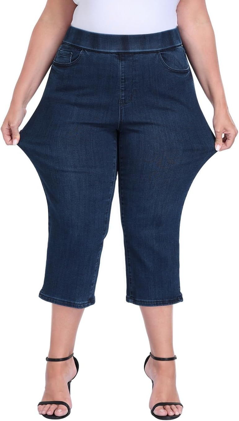 image:imageHDE Womens Plus Size Pull On Crop Capri Jeans Tummy Control 21 Inseam Elastic High Waist Stretch Denim Capris with PocketsDark Blue