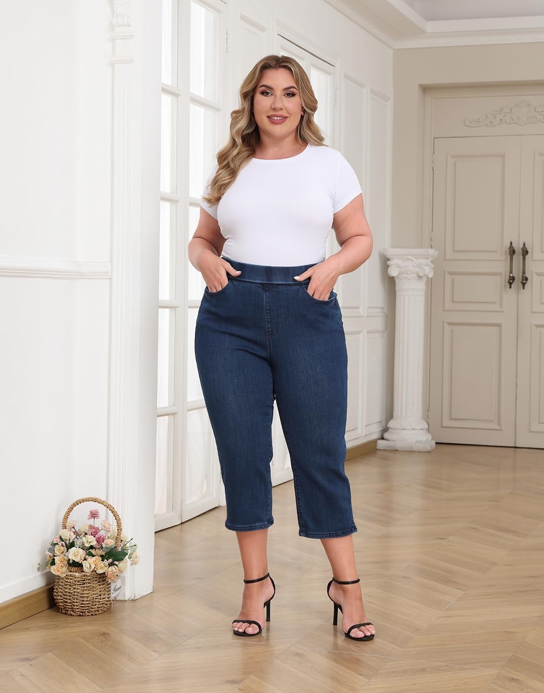 image:imageHDE Womens Plus Size Pull On Crop Capri Jeans Tummy Control 21 Inseam Elastic High Waist Stretch Denim Capris with PocketsDark Blue