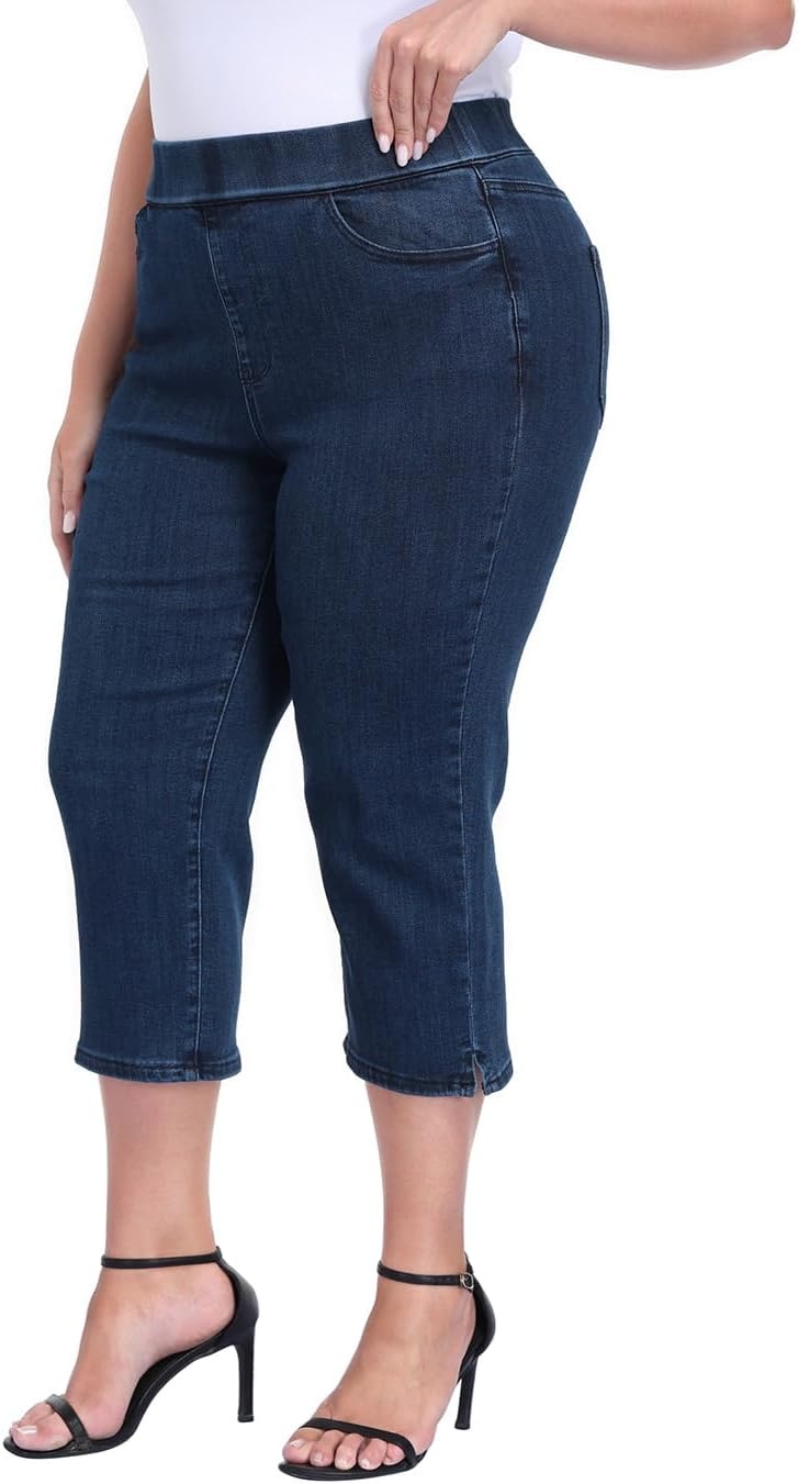 image:imageHDE Womens Plus Size Pull On Crop Capri Jeans Tummy Control 21 Inseam Elastic High Waist Stretch Denim Capris with PocketsDark Blue