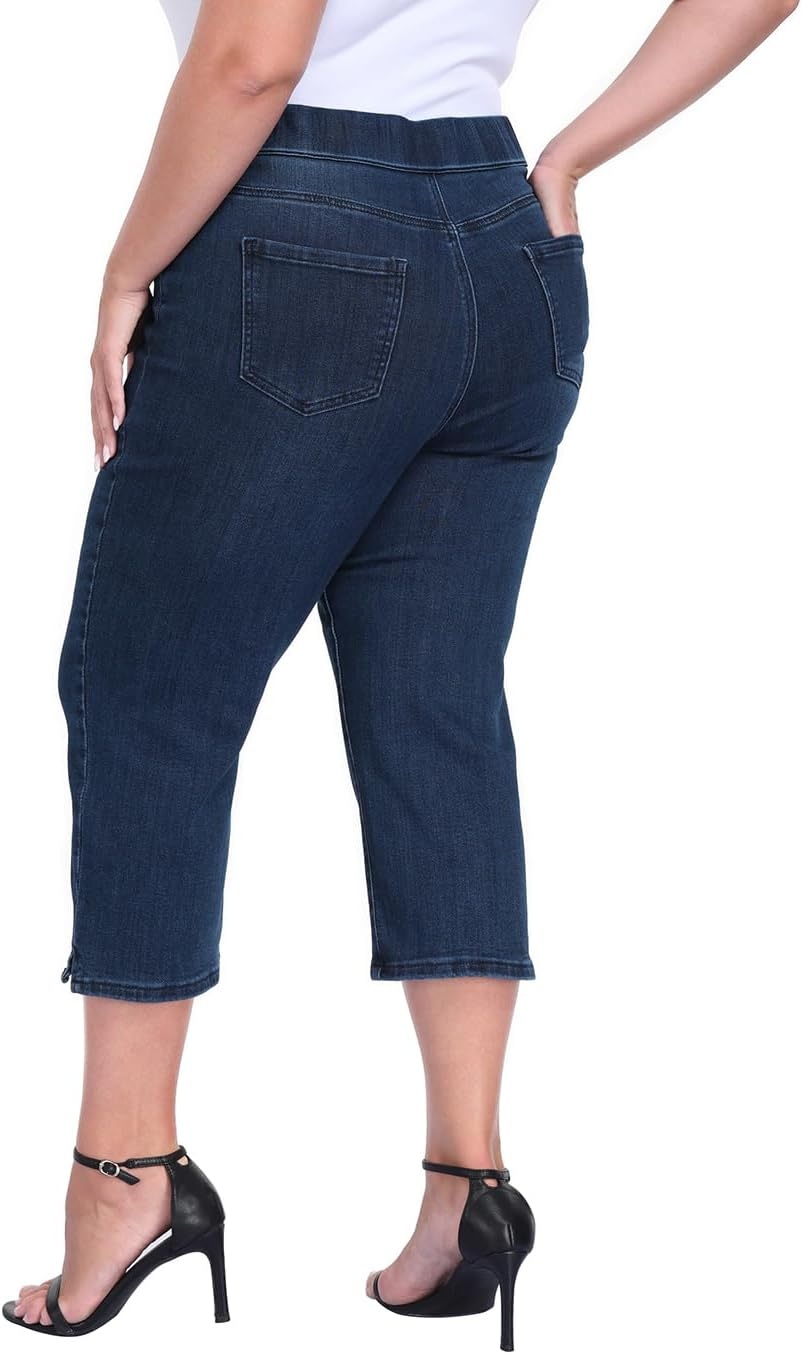 image:imageHDE Womens Plus Size Pull On Crop Capri Jeans Tummy Control 21 Inseam Elastic High Waist Stretch Denim Capris with PocketsDark Blue