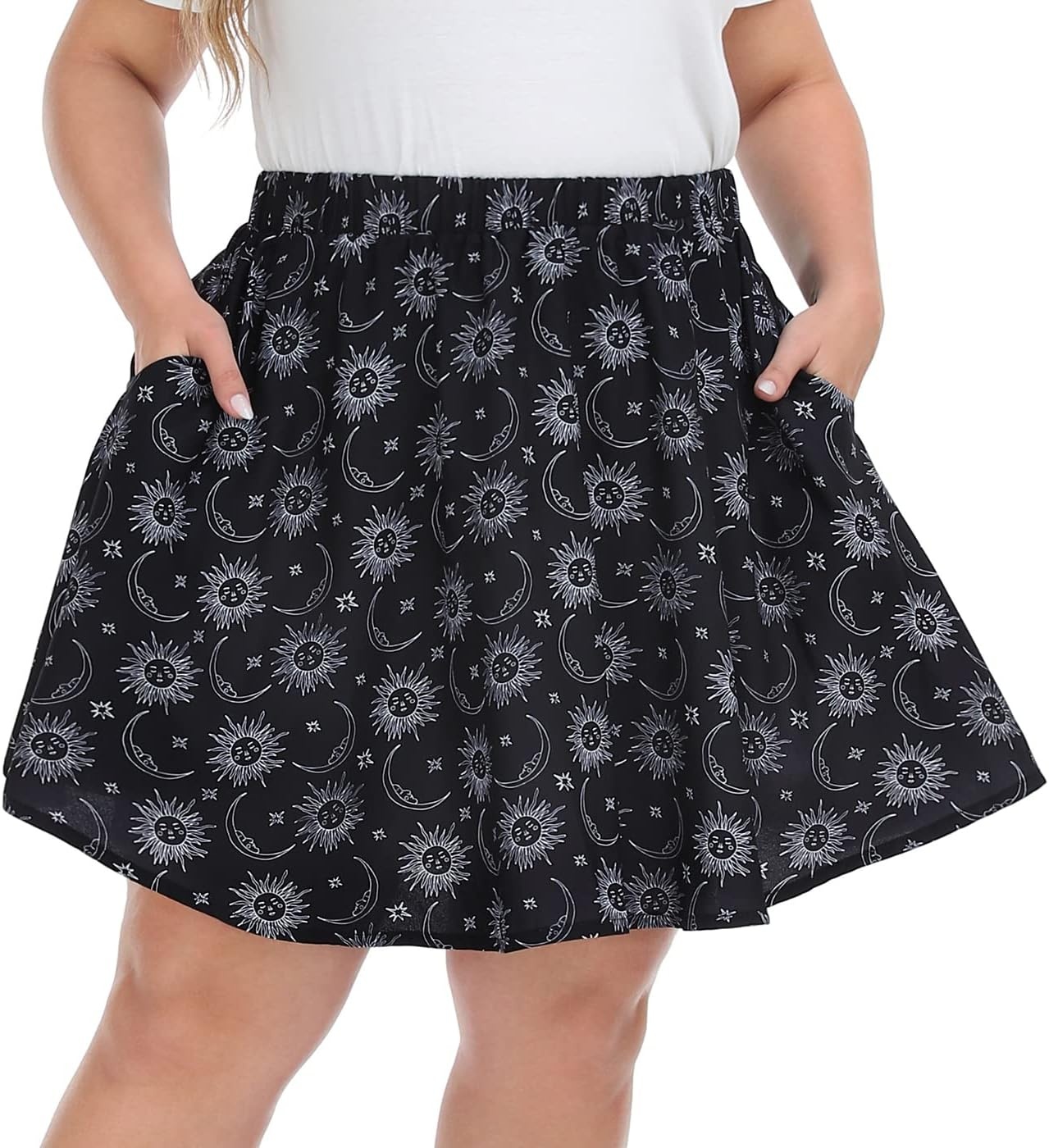 image:imageHDE Womens Plus Size Skater Skirt Elastic Waist Pleated Mini Circle SkirtsCelestial Sun