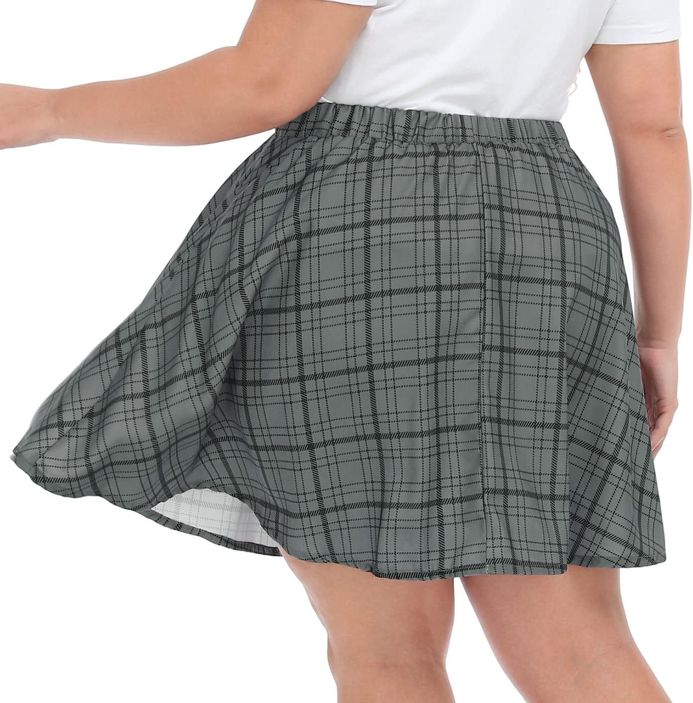 image:imageHDE Womens Plus Size Skater Skirt Elastic Waist Pleated Mini Circle SkirtsGray Plaid