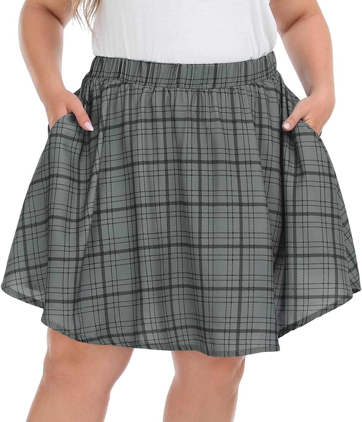 image:imageHDE Womens Plus Size Skater Skirt Elastic Waist Pleated Mini Circle SkirtsGray Plaid
