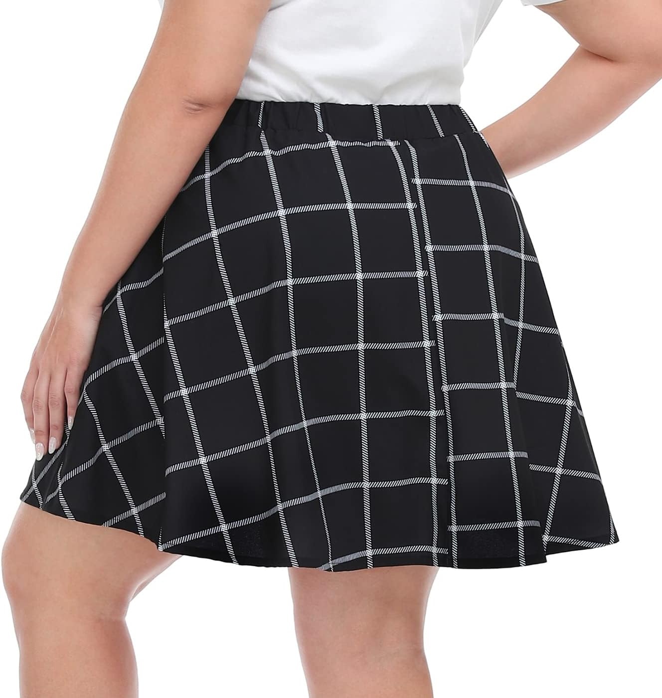 image:imageHDE Womens Plus Size Skater Skirt Elastic Waist Pleated Mini Circle SkirtsWindowpane Plaid