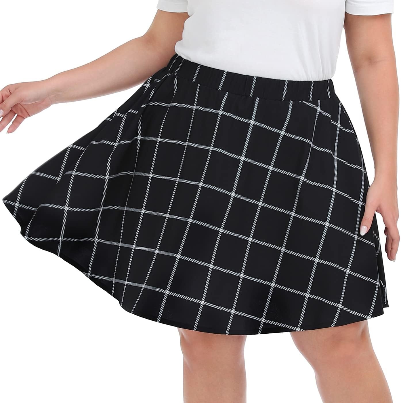 image:imageHDE Womens Plus Size Skater Skirt Elastic Waist Pleated Mini Circle SkirtsWindowpane Plaid