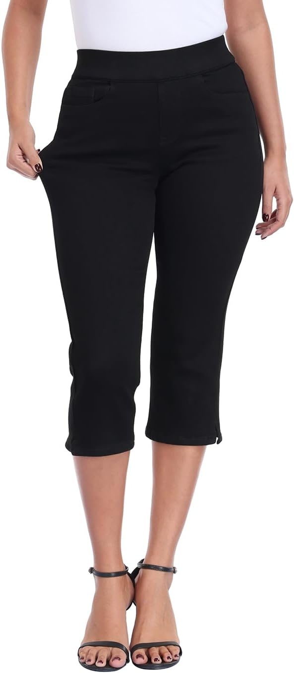 image:imageHDE Womens Pull On Capri Jeans Elastic High Waist Tummy Control 21 Inseam Slim Fit Cropped Stretch Denim Capris with PocketsBlack