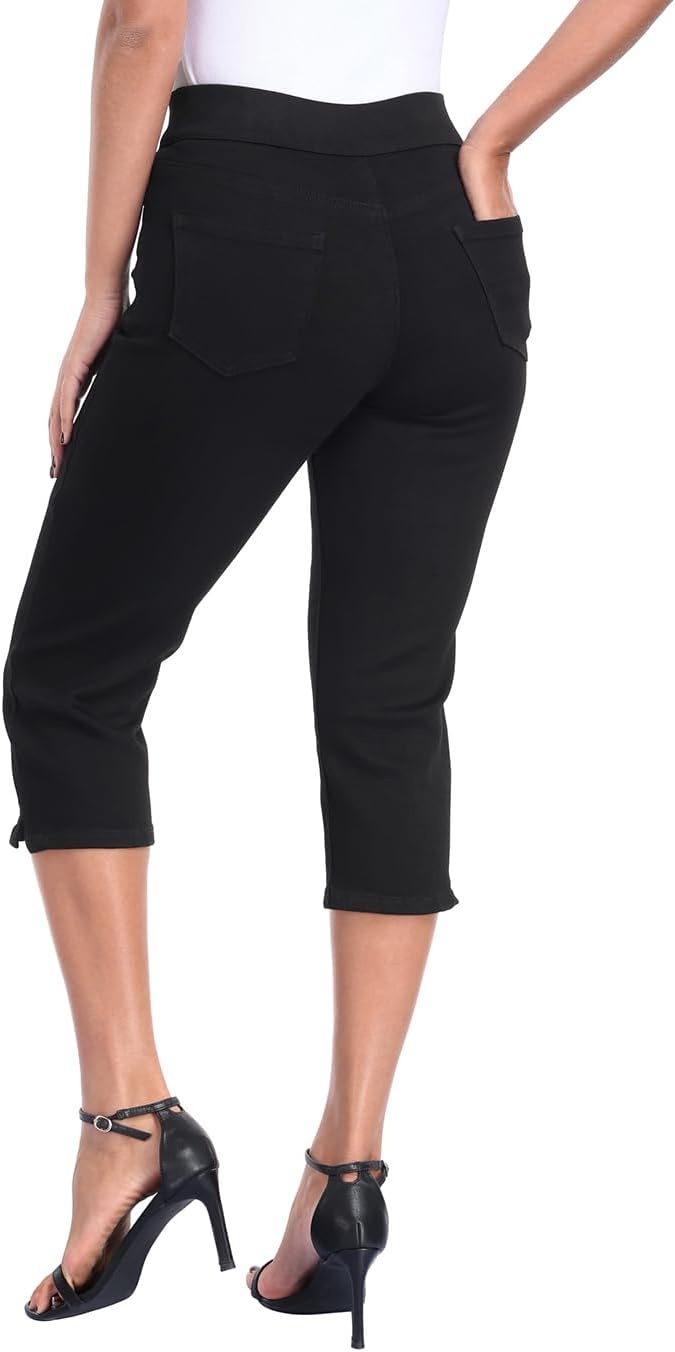 image:imageHDE Womens Pull On Capri Jeans Elastic High Waist Tummy Control 21 Inseam Slim Fit Cropped Stretch Denim Capris with PocketsBlack