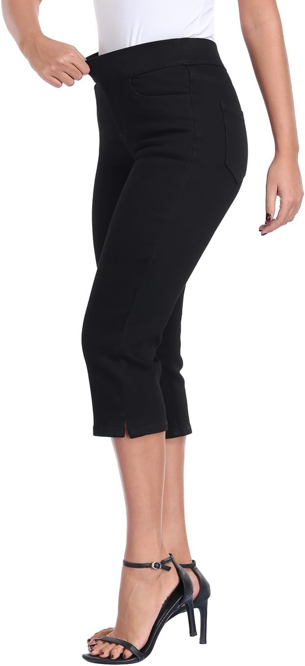 image:imageHDE Womens Pull On Capri Jeans Elastic High Waist Tummy Control 21 Inseam Slim Fit Cropped Stretch Denim Capris with PocketsBlack