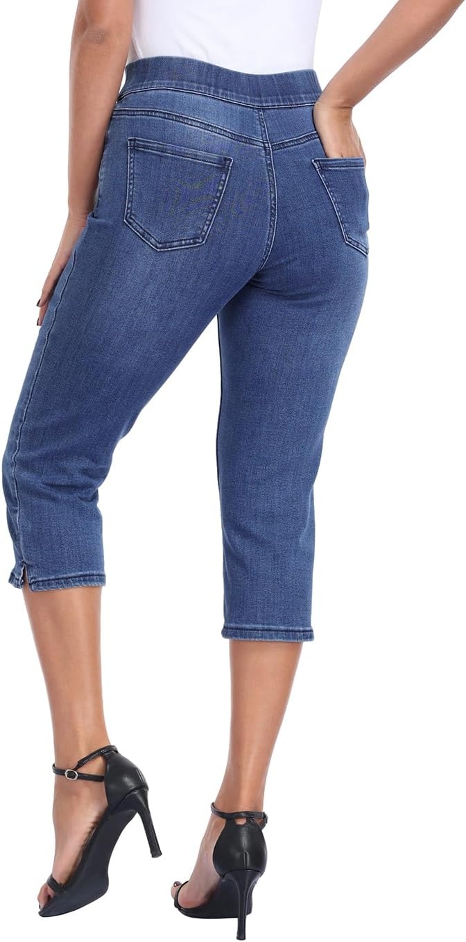 image:imageHDE Womens Pull On Capri Jeans Elastic High Waist Tummy Control 21 Inseam Slim Fit Cropped Stretch Denim Capris with PocketsBlue