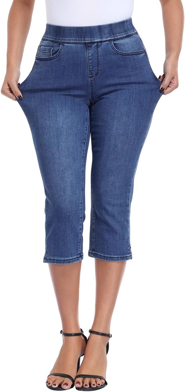 image:imageHDE Womens Pull On Capri Jeans Elastic High Waist Tummy Control 21 Inseam Slim Fit Cropped Stretch Denim Capris with PocketsBlue