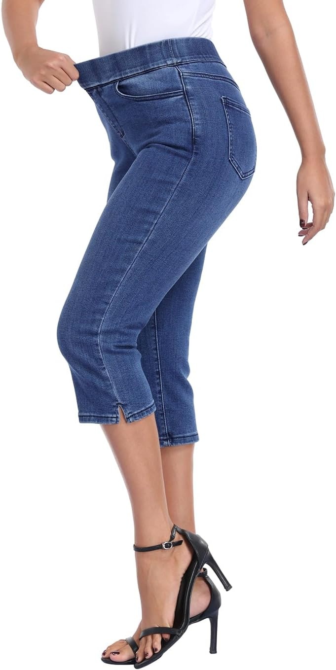 image:imageHDE Womens Pull On Capri Jeans Elastic High Waist Tummy Control 21 Inseam Slim Fit Cropped Stretch Denim Capris with PocketsBlue
