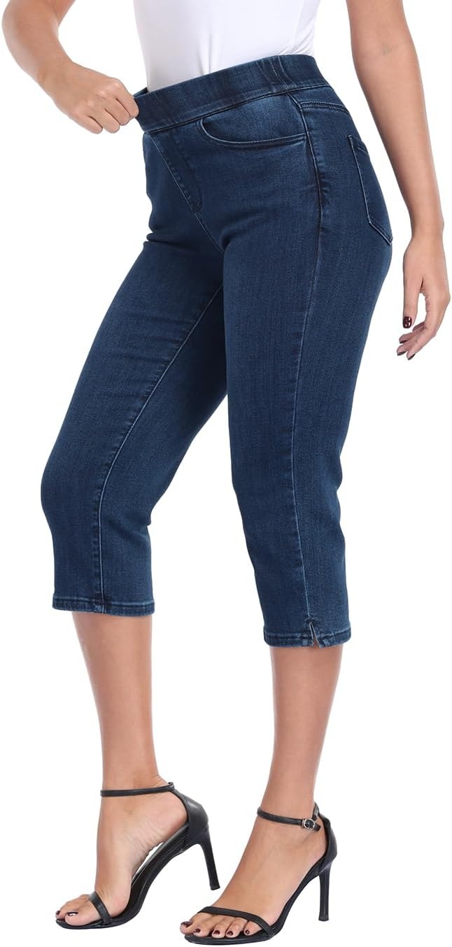 image:imageHDE Womens Pull On Capri Jeans Elastic High Waist Tummy Control 21 Inseam Slim Fit Cropped Stretch Denim Capris with PocketsDark Blue