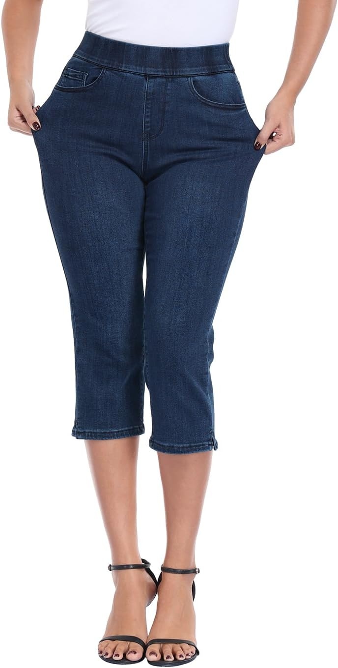 image:imageHDE Womens Pull On Capri Jeans Elastic High Waist Tummy Control 21 Inseam Slim Fit Cropped Stretch Denim Capris with PocketsDark Blue