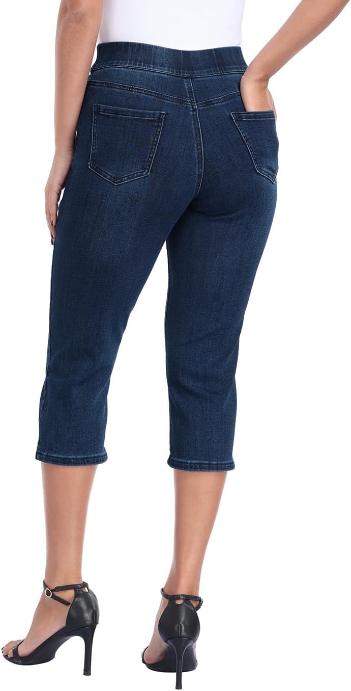 image:imageHDE Womens Pull On Capri Jeans Elastic High Waist Tummy Control 21 Inseam Slim Fit Cropped Stretch Denim Capris with PocketsDark Blue