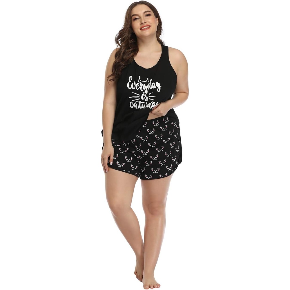 image:imageHDE Plus Size Pajamas for Women Two Piece PJ Shorts Summer Lounge SetCaturday