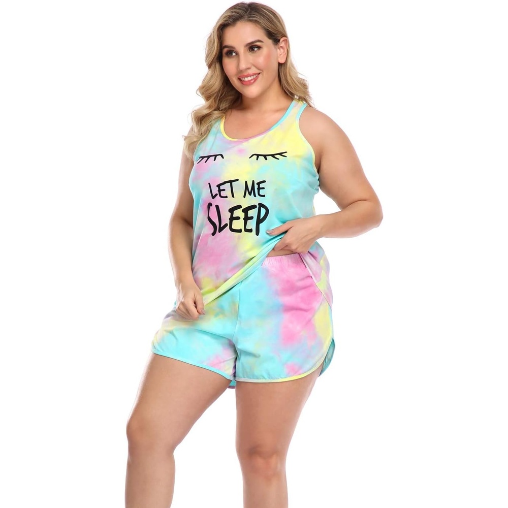 image:imageHDE Plus Size Pajamas for Women Two Piece PJ Shorts Summer Lounge SetLet Me Sleep Tie Dye