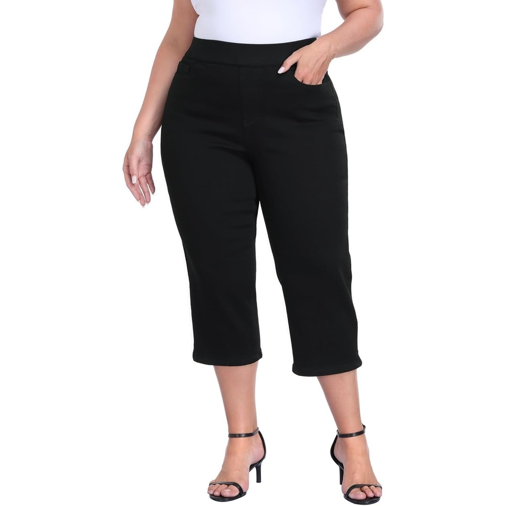 image:imageHDE Womens Plus Size Pull On Crop Capri Jeans Tummy Control 21 Inseam Elastic High Waist Stretch Denim Capris with PocketsBlack