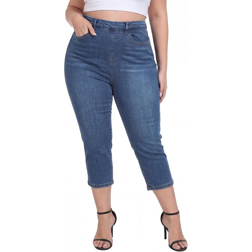 image:imageHDE Womens Plus Size Pull On Crop Capri Jeans Tummy Control 21 Inseam Elastic High Waist Stretch Denim Capris with PocketsBlue