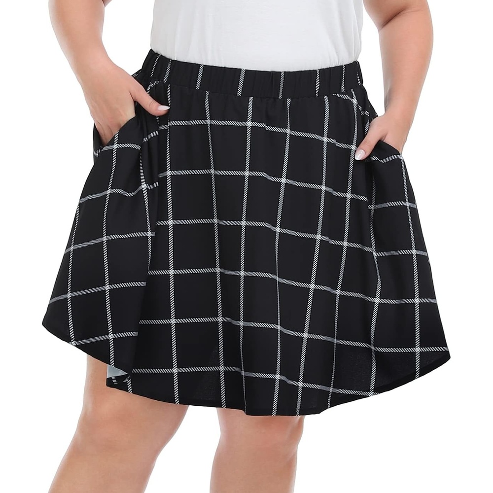 image:imageHDE Womens Plus Size Skater Skirt Elastic Waist Pleated Mini Circle SkirtsWindowpane Plaid