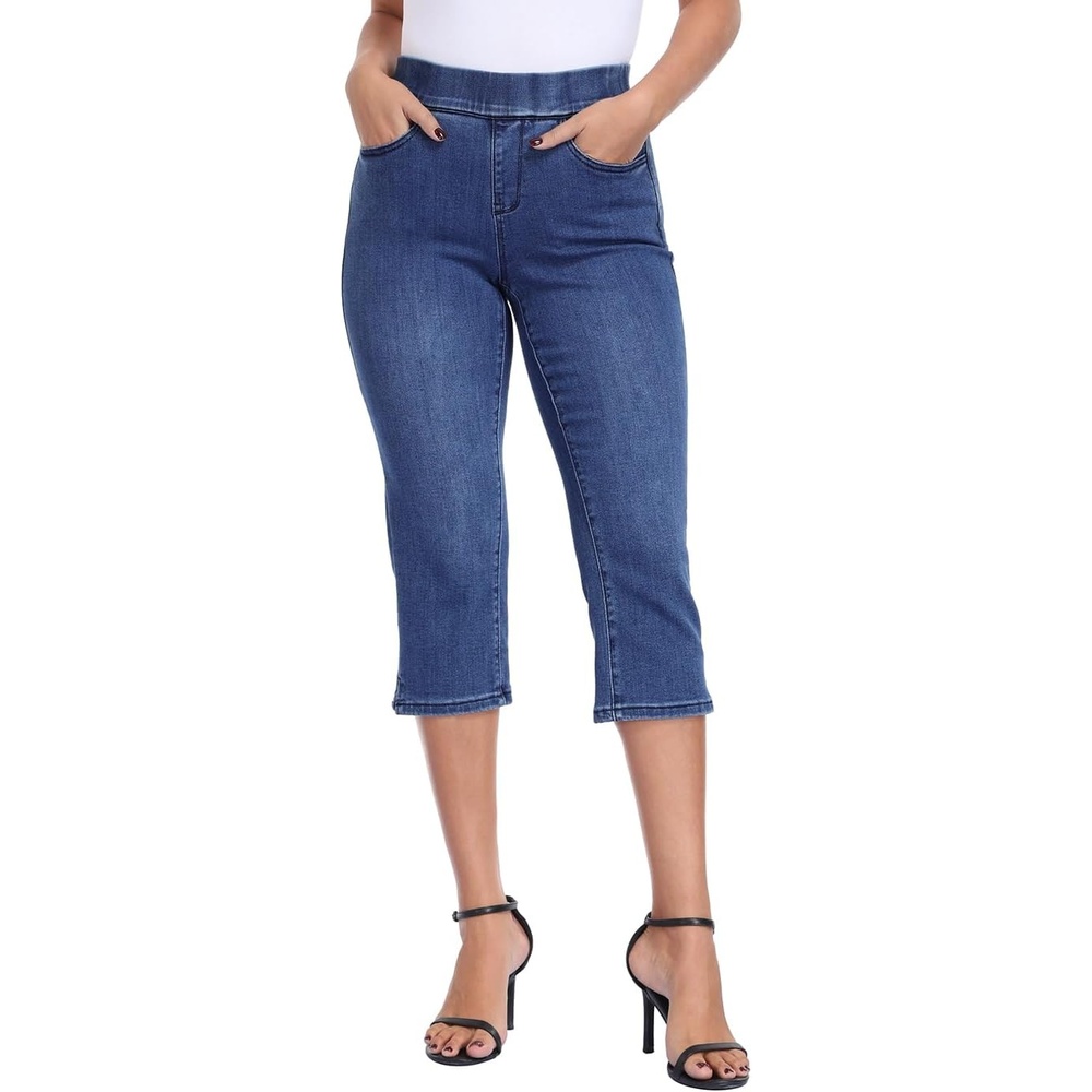 image:imageHDE Womens Pull On Capri Jeans Elastic High Waist Tummy Control 21 Inseam Slim Fit Cropped Stretch Denim Capris with PocketsBlue