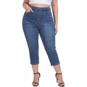 image:imageHDE Womens Plus Size Pull On Crop Capri Jeans Tummy Control 21 Inseam Elastic High Waist Stretch Denim Capris with PocketsBlue