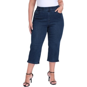 image:imageHDE Womens Plus Size Pull On Crop Capri Jeans Tummy Control 21 Inseam Elastic High Waist Stretch Denim Capris with PocketsDark Blue