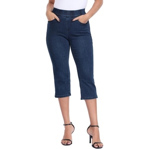 image:imageHDE Womens Pull On Capri Jeans Elastic High Waist Tummy Control 21 Inseam Slim Fit Cropped Stretch Denim Capris with PocketsDark Blue