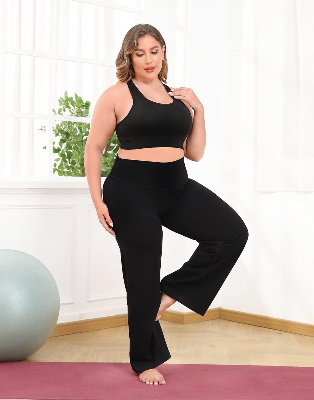 image:imageHDE Plus Size Wide Leg Cotton Yoga Pants for Women High Waist Workout LeggingsBlack
