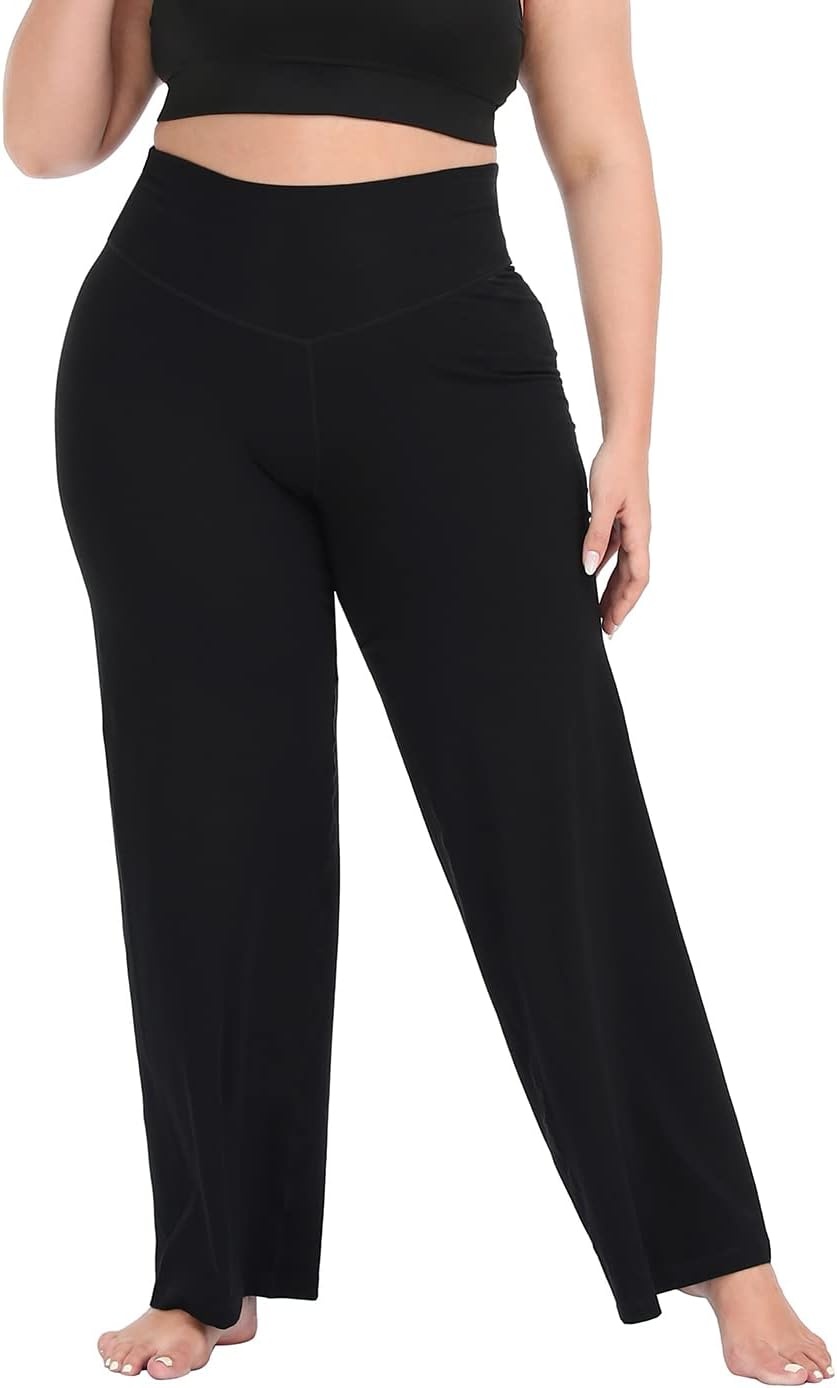 image:imageHDE Plus Size Wide Leg Cotton Yoga Pants for Women High Waist Workout LeggingsBlack