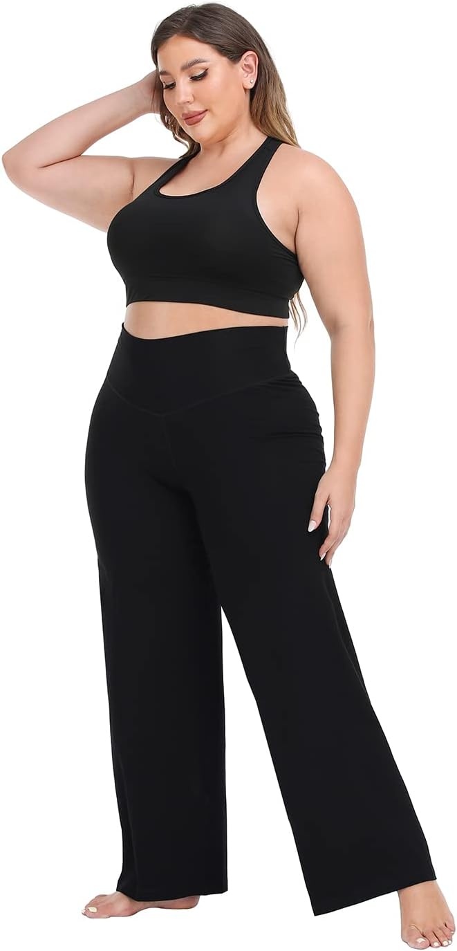 image:imageHDE Plus Size Wide Leg Cotton Yoga Pants for Women High Waist Workout LeggingsBlack