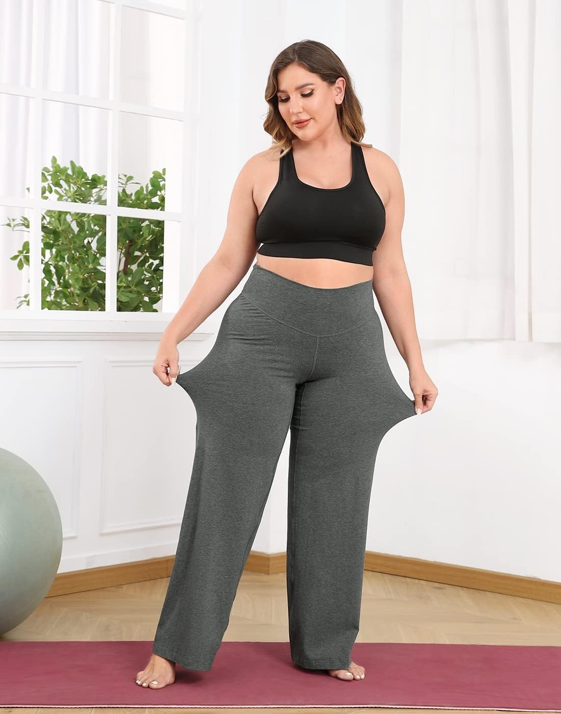 image:imageHDE Plus Size Wide Leg Cotton Yoga Pants for Women High Waist Workout LeggingsCharcoal