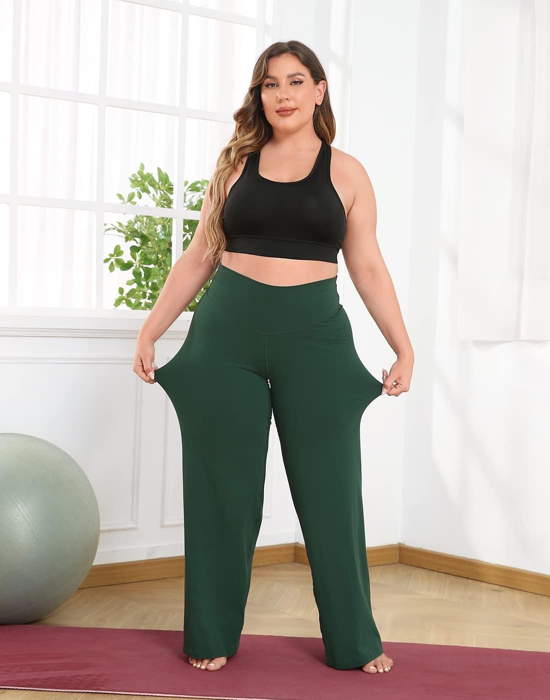 image:imageHDE Plus Size Wide Leg Cotton Yoga Pants for Women High Waist Workout LeggingsDark Green