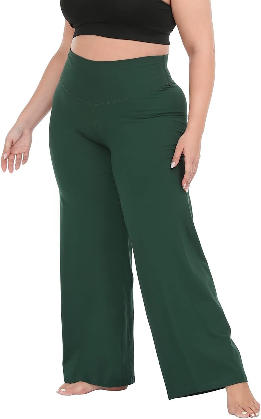 image:imageHDE Plus Size Wide Leg Cotton Yoga Pants for Women High Waist Workout LeggingsDark Green