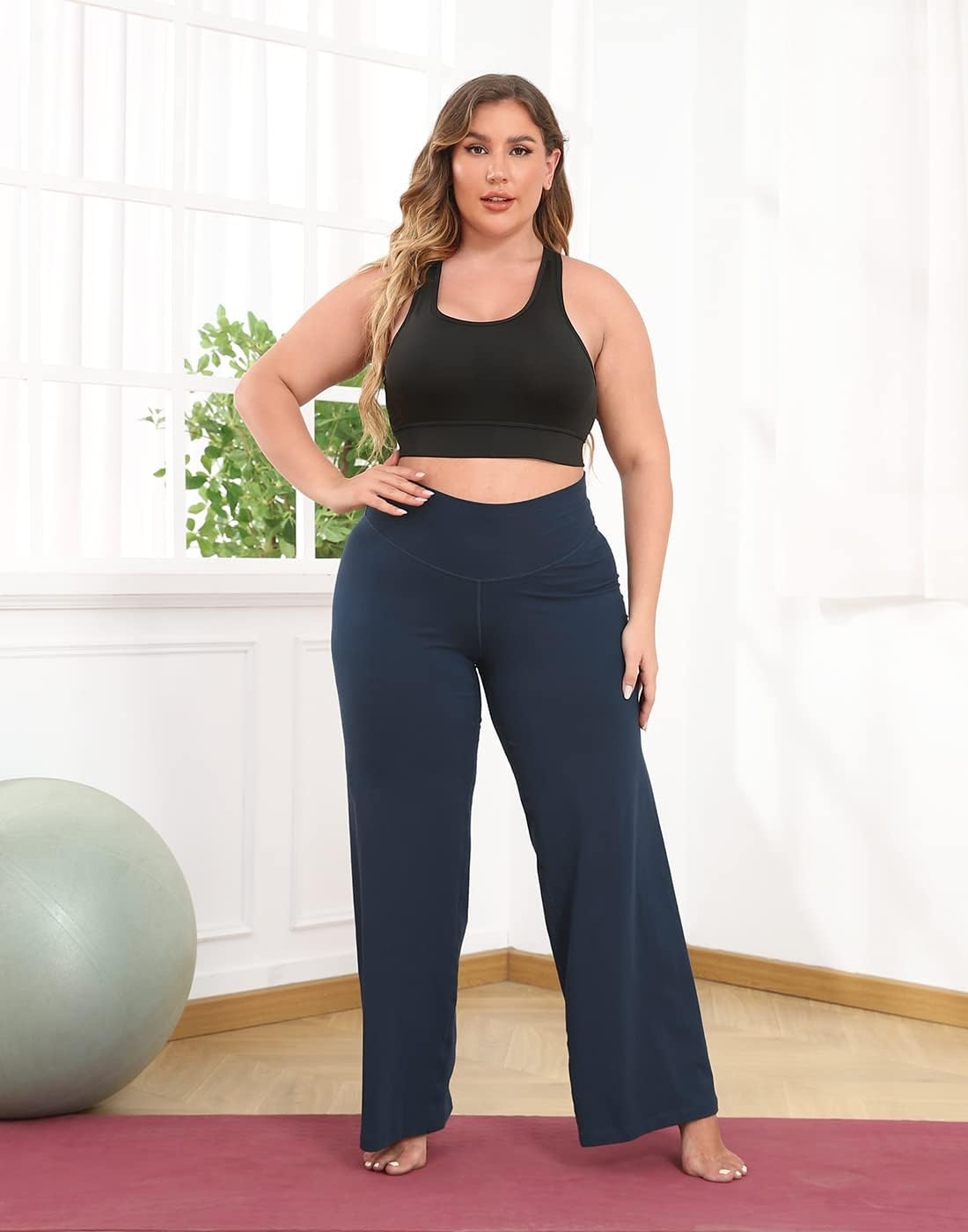 image:imageHDE Plus Size Wide Leg Cotton Yoga Pants for Women High Waist Workout LeggingsNavy Blue