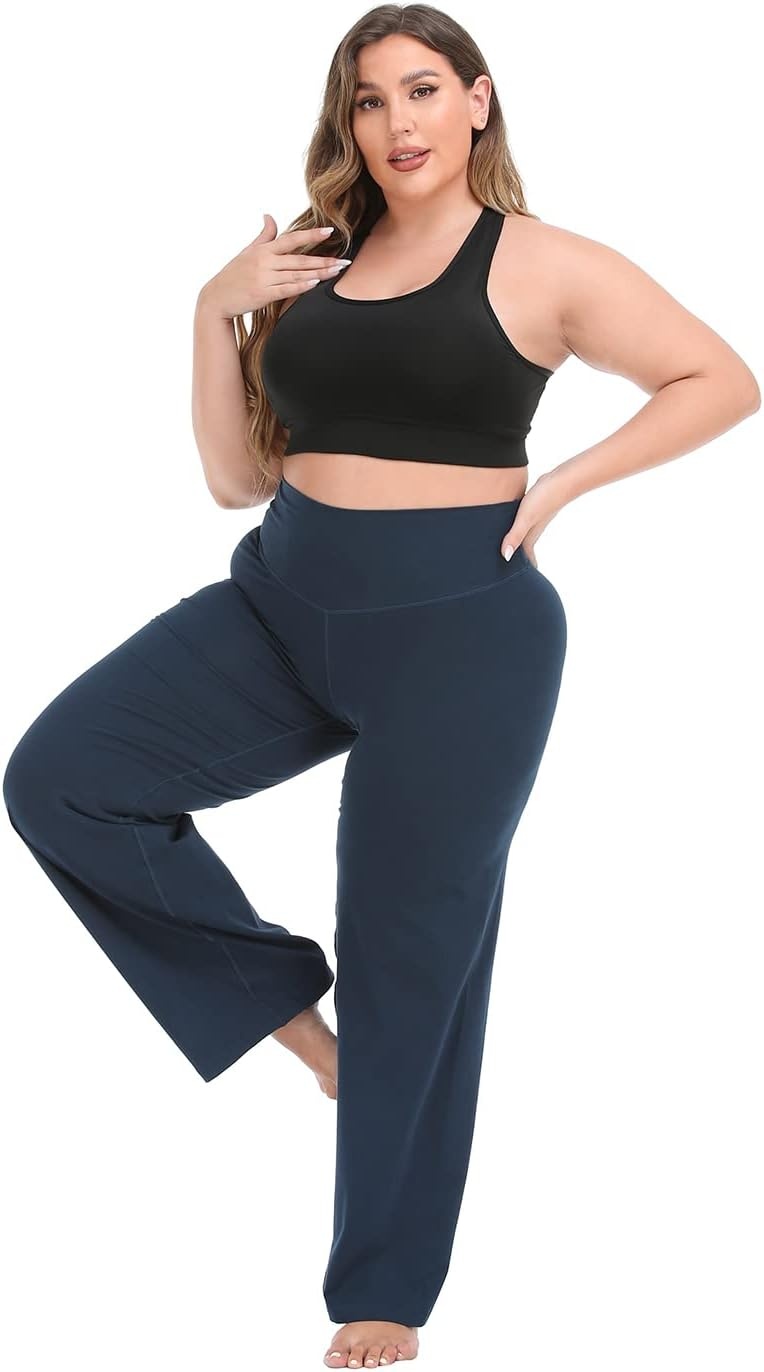 image:imageHDE Plus Size Wide Leg Cotton Yoga Pants for Women High Waist Workout LeggingsNavy Blue