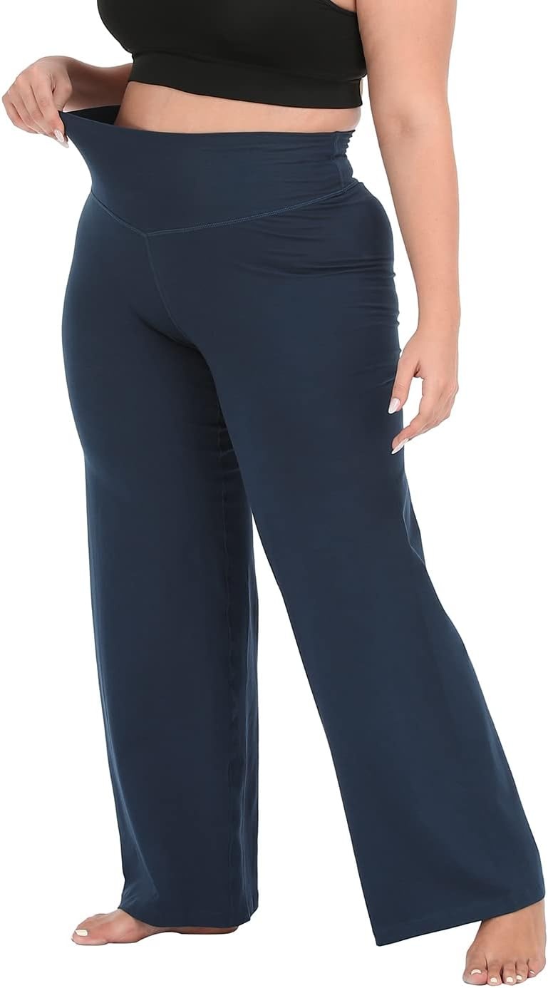 image:imageHDE Plus Size Wide Leg Cotton Yoga Pants for Women High Waist Workout LeggingsNavy Blue