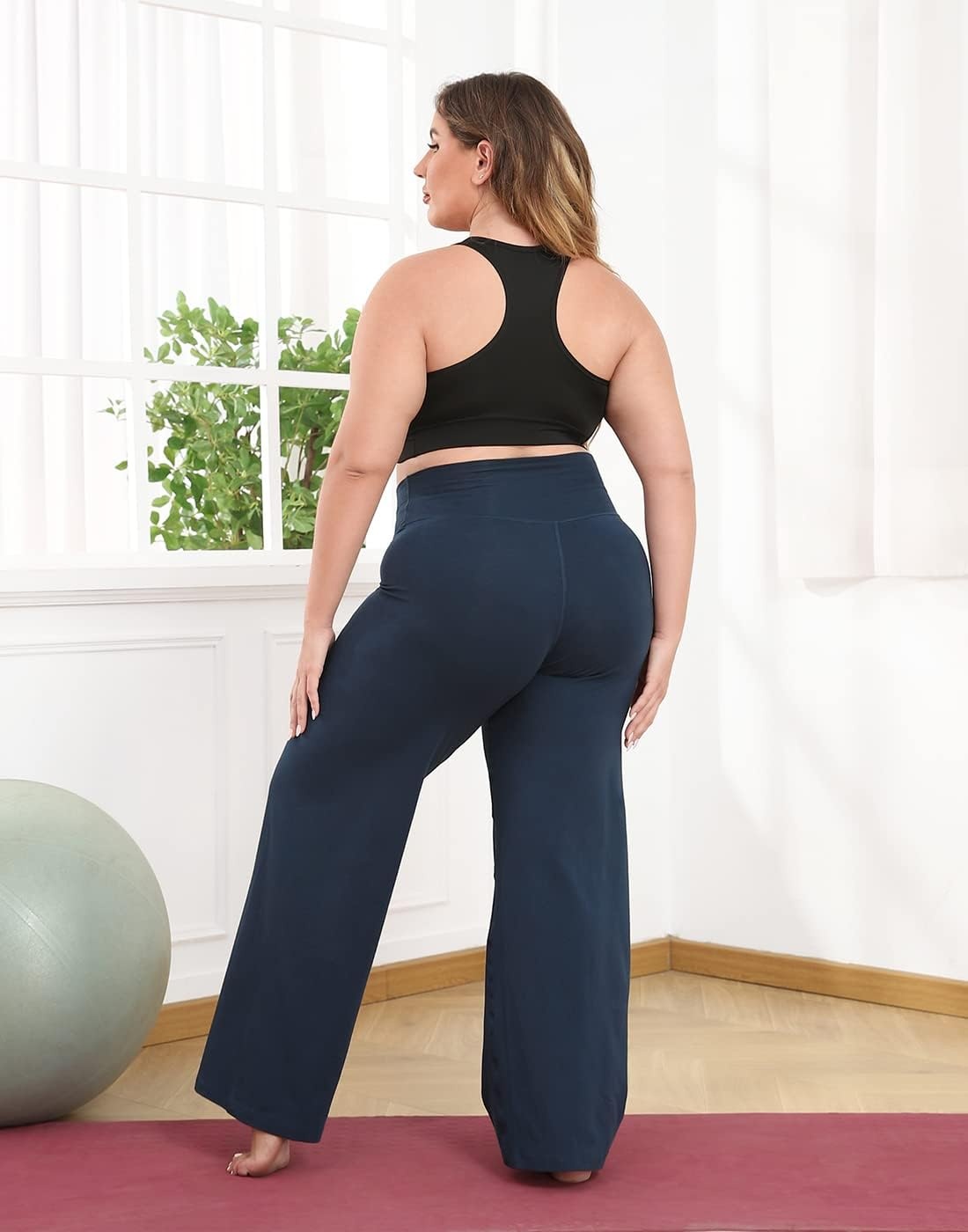image:imageHDE Plus Size Wide Leg Cotton Yoga Pants for Women High Waist Workout LeggingsNavy Blue