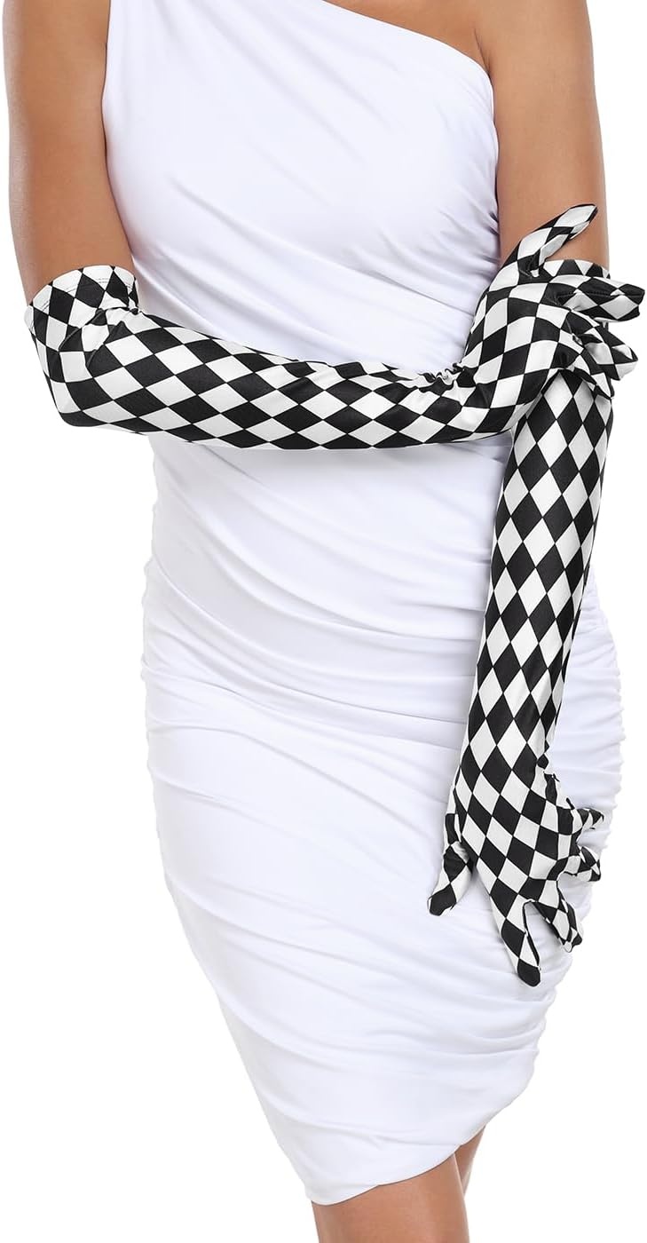 image:imageHDE Stretchy Satin Printed Opera Gloves 215 Elbow Length Full Finger Novelty Evening Party Adult Halloween Costume GlovesBlack and White Diamonds