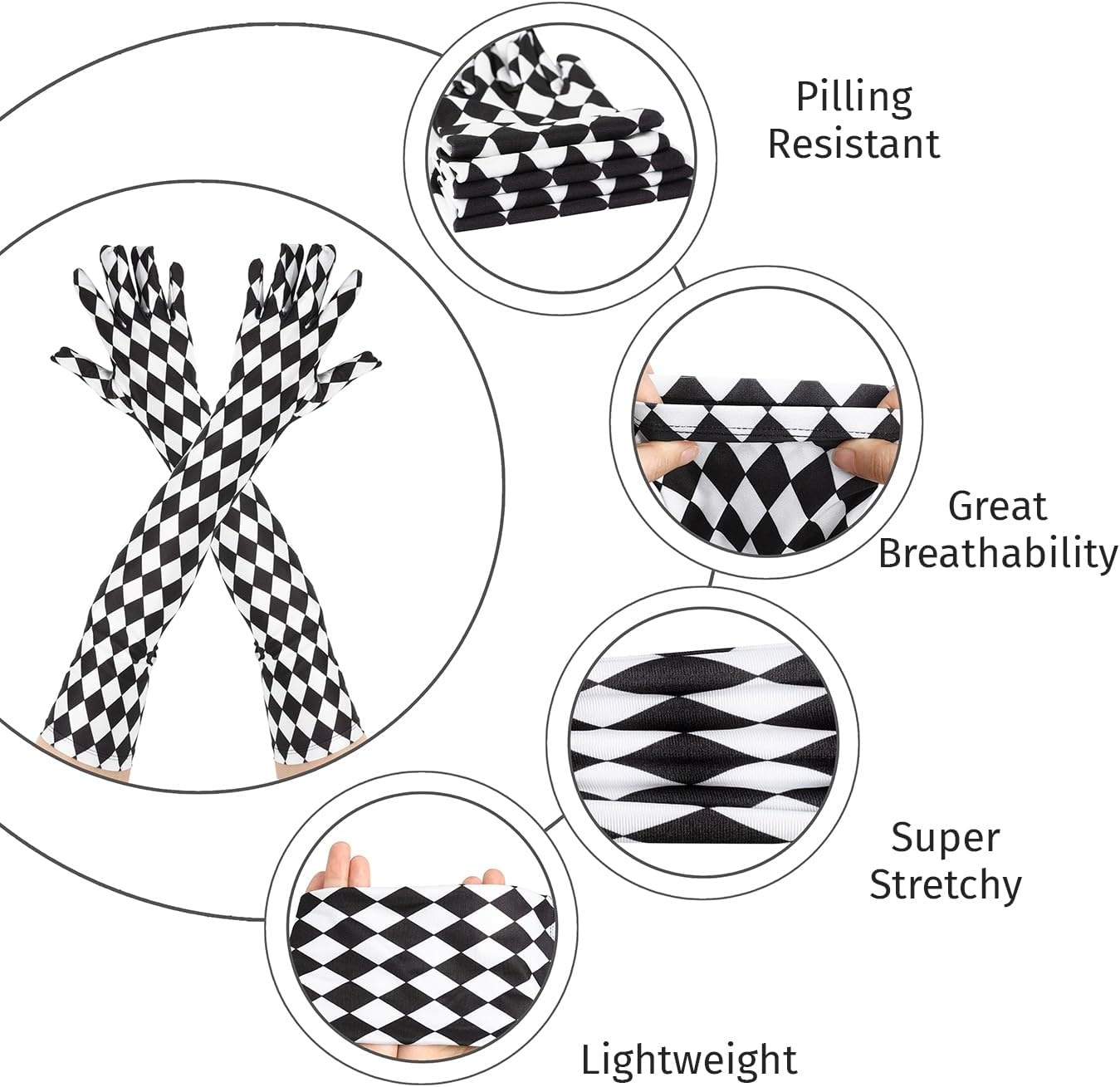 image:imageHDE Stretchy Satin Printed Opera Gloves 215 Elbow Length Full Finger Novelty Evening Party Adult Halloween Costume GlovesBlack and White Diamonds