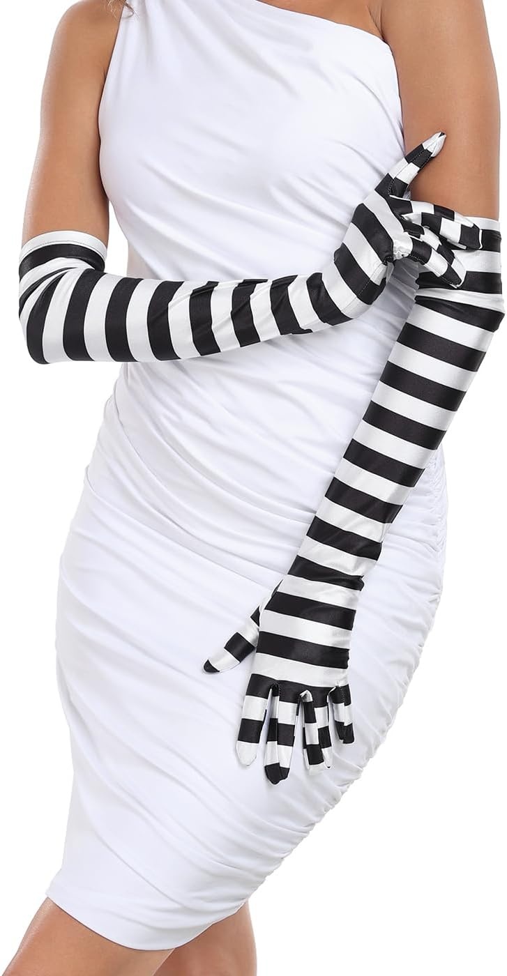 image:imageHDE Stretchy Satin Printed Opera Gloves 215 Elbow Length Full Finger Novelty Evening Party Adult Halloween Costume GlovesBlack and White Stripes