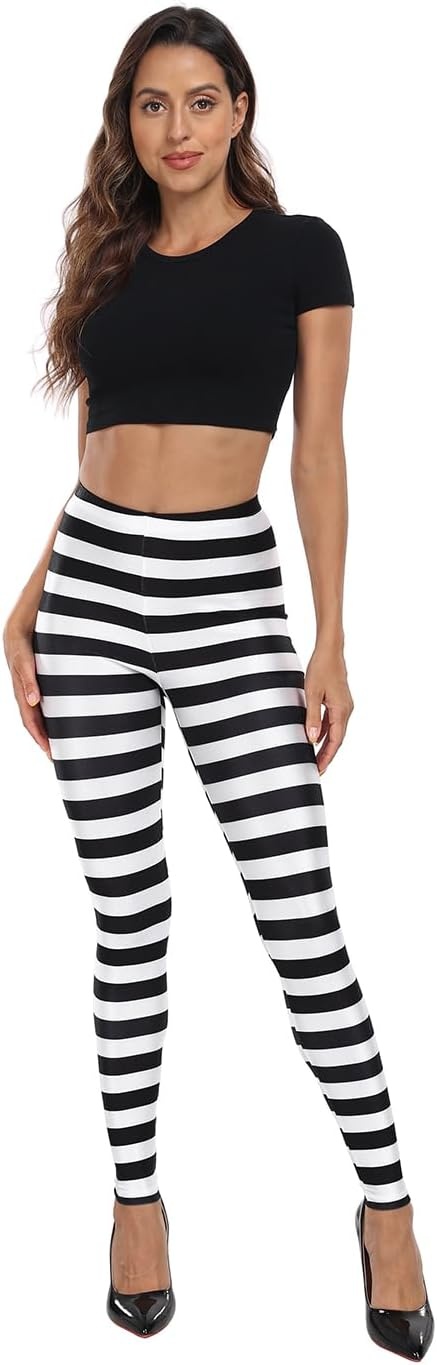 image:imageHDE Trendy Design Workout Leggings Fun Fashion Graphic Printed Cute PatternsBlack and White Horizontal Stripes