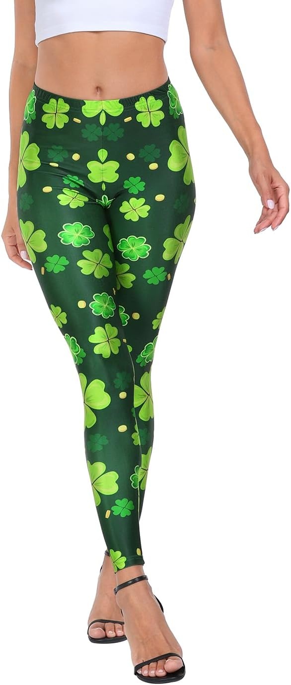 image:imageHDE Trendy Design Workout Leggings Fun Fashion Graphic Printed Cute PatternsP Green 4 Leaf Clovers